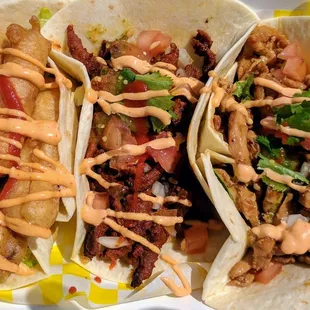 Tacos: Veggie, Spicy Pork and chicken. The Veggie was my favorite.