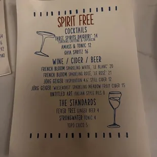 a menu for spirit free cocktails