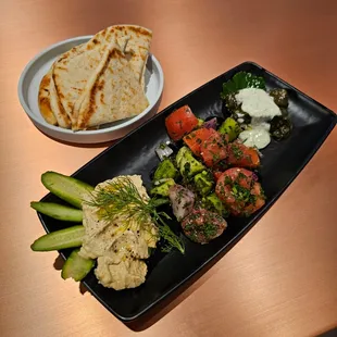 Mezze Plate: dolmas, hummus, shirazi salad, grilled pita bread