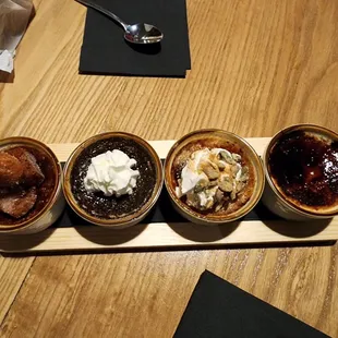 Brulee Flan Flight: Dulce de Leche with Churro bites, Espresso Horchata, Pumpkin Spice Rumchata, Mexican Chocolate