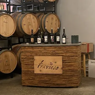 barrels of wine on display