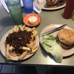 Bacon burger and chili fries