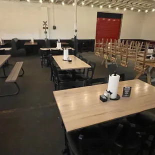 tables and benches in a restaurant