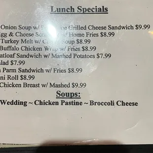 a menu for lunch specials
