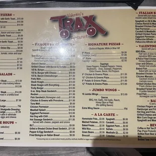 the menu for trax lounge