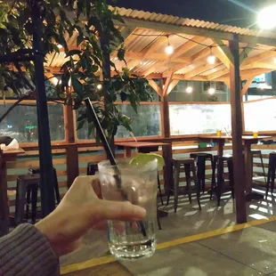 a person holding a glass with a lime in it