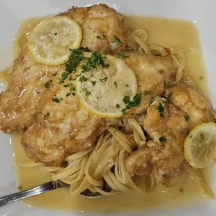 Chicken Francese over fettucine