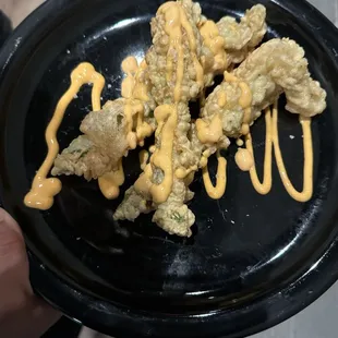 Stuffed Zucchini Blossoms. These are stuffed with Ricotta and Marscipone cheese and a touch of red chile flake