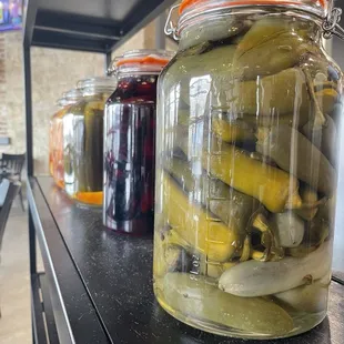 Variety if pickled items displayed.