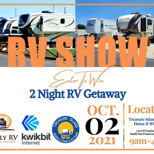 Treasure Island is hosting a fabulous RV Show on Oct 2nd, 2021! All welcome! Enter our raffle to win a 2 night getaway in an ...
