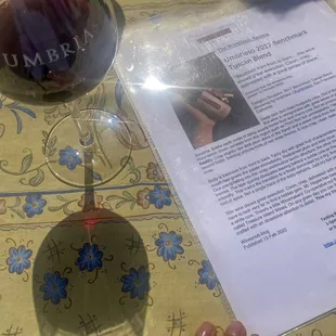 a glass of wine and a menu