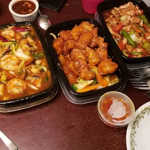 Shrimp in garlic sauce, Sesame Chicken, kung pan chicken