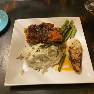 Nashville Hot Chicken with asparagus and Garlic mashed potatoes