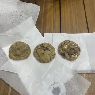 Left- peanut butter and m&amp;m Middle - chocolate chip Right: s&apos;mores