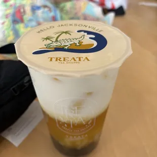 Mango latte tea with boba and lychee jelly