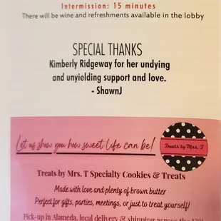 a menu for a special thanks card