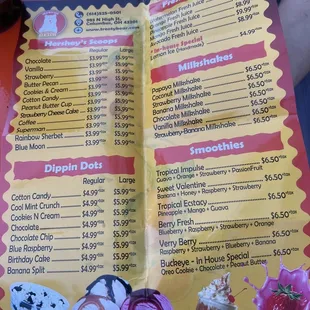a menu for a dessert shop