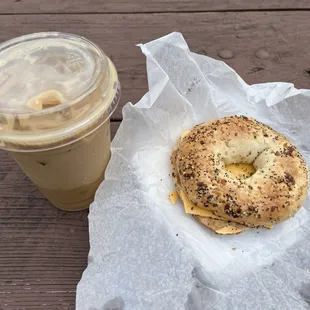Iced latte and vegan sandwich.