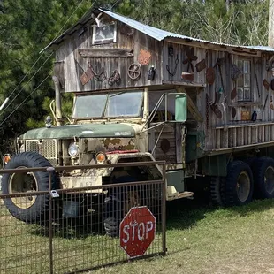 a truck with a stop sign