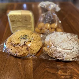 Layered Cake (left top), mini rice donuts, red bean mochi streusel, cream/custard streusel (right bottom)