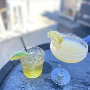 two cocktails on a barrel