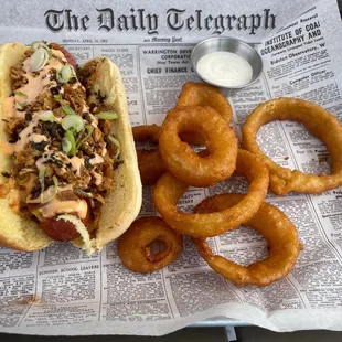 Furikake hot dog and onion rings