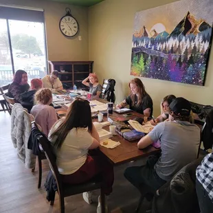 a group of people sitting around a table