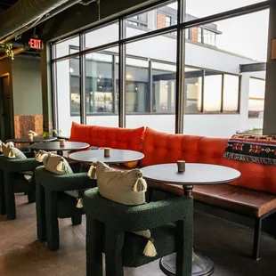 tables and benches in a restaurant