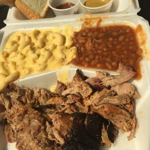 Pork LUNCH with baked beans and mac. $10. Huge portions.