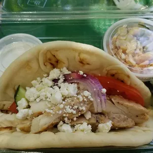 Greek chicken pita with side pasta salad and tzakiki sauce ($10.99)