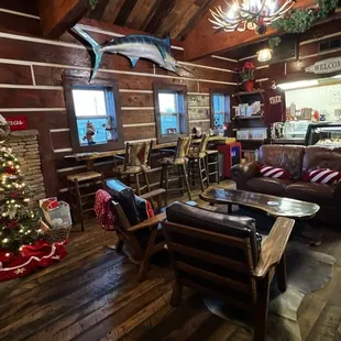 Service counter, comfy seating and beautiful decor.