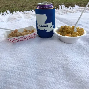 Crawfish Mac N' Cheese, Shrimp and Crab Dressing, Abita Amber