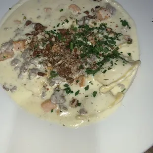 Butternut squash and pumpkin ravioli. Very decadent.