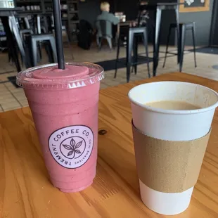 Wild berry smoothie and honey badger latte
