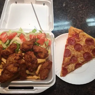 Wing ding dinner and a pepperoni slice