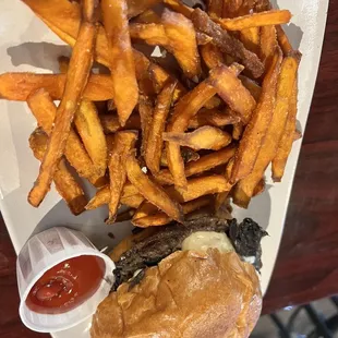 Black and Blue burger with sweet potato fries