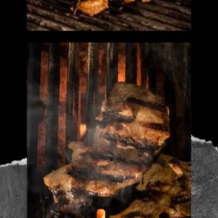 a variety of food cooking on a grill