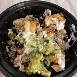 Chicken and shrimp bowl with no visible chicken