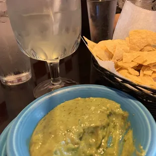 Lime margarita on the rocks, guacamole dip and chips