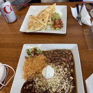 Chicken Mole Enchiladas and Quesadilla Plate