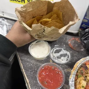 Tortilla chips with Queso and salsa dip