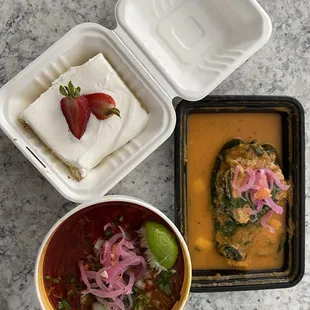 Birria noodles, birria chile relleno, tres leches cake