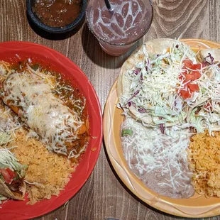 Left, combo plate of chicken taco &amp; pork tamale; right, two shrimp tacos.