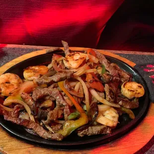 Classic steak and shrimp fajitas