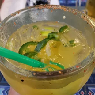 Dented (by me) spicy Mango marg - grande (16oz)... but also comes in jumbo (45oz)!