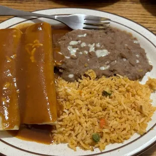 Lunch #2 - Two beef enchiladas with rice and beans