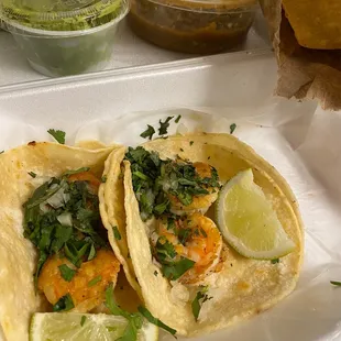 Shrimp Tacos, Chips Salsa and Guacamole