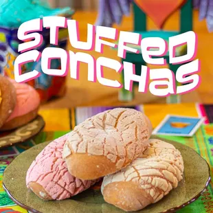 Try our new stuffed conchas, filled with crema, cajeta and fresa! You&apos;ll love them