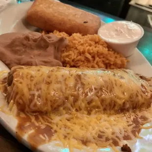 Chicken Chimichanga &amp; Ground Beef Enchilada with Rice &amp; Beans