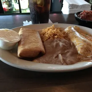 Chicken Chimichanga &amp; Pork Enchilada with Rice &amp; Beans
